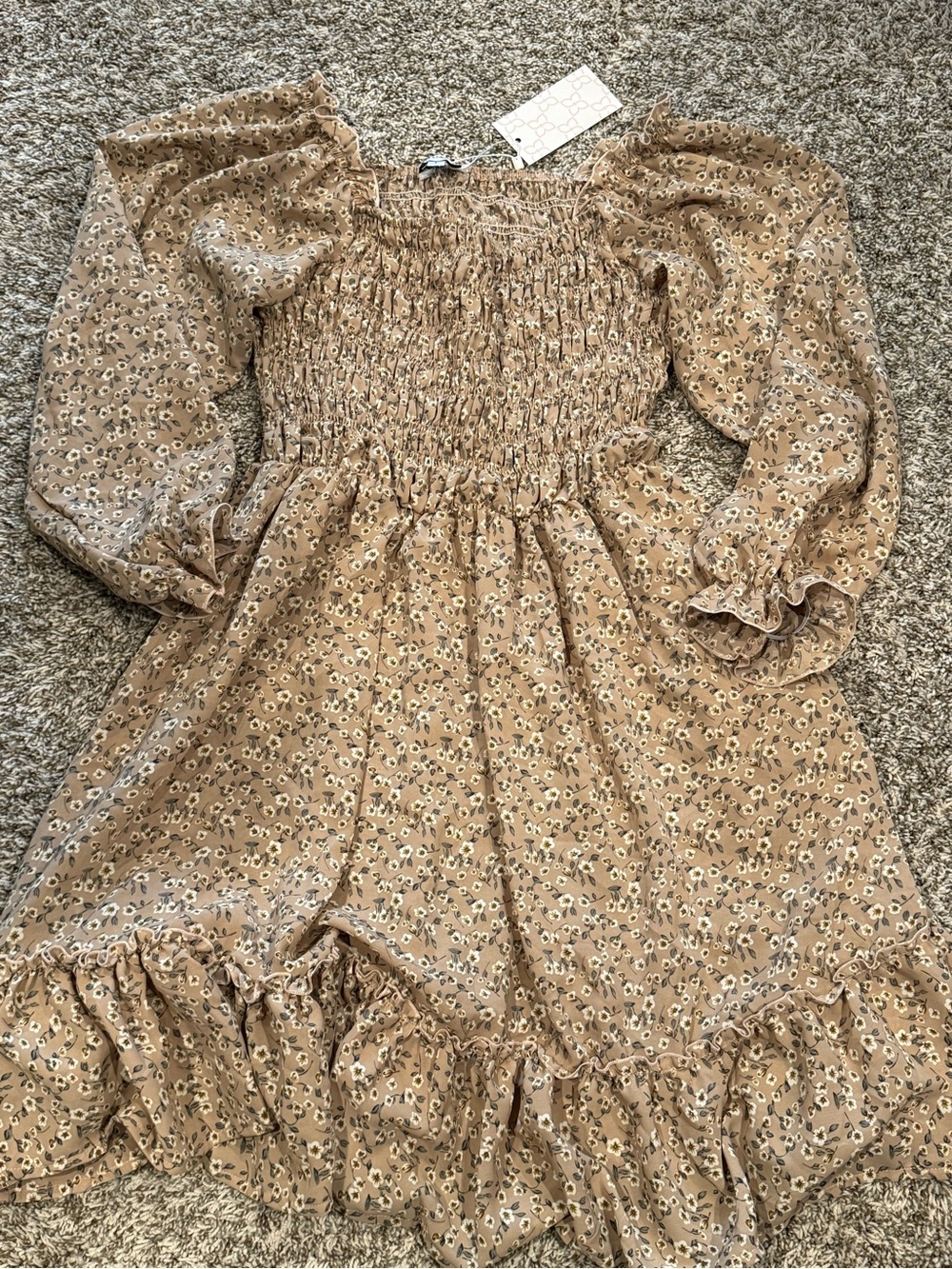 Tan Floral Smocked Dress with Long Puff Sleeves